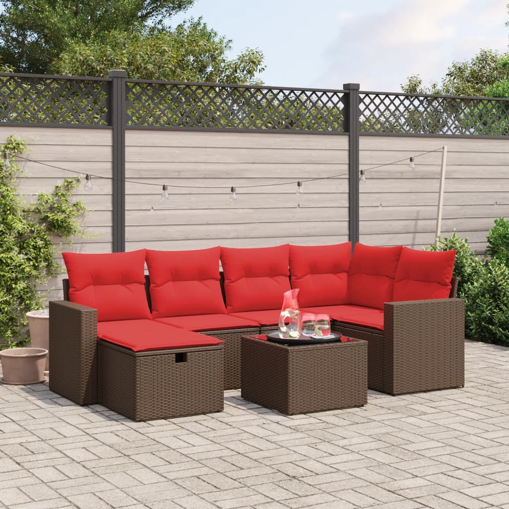 7 pcs conjunto de sofás jardim c/ almofadões vime PE castanho