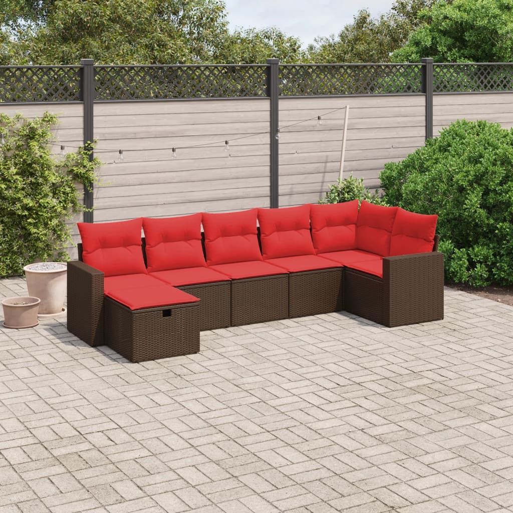 7 pcs conjunto de sofás jardim c/ almofadões vime PE castanho