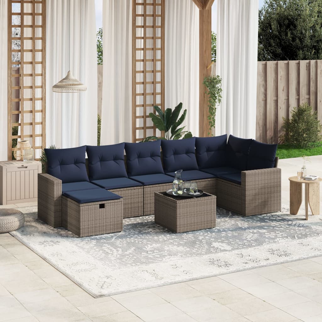 8 pcs conjunto sofás p/ jardim c/ almofadões vime PE cinzento