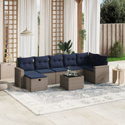 8 pcs conjunto sofás p/ jardim c/ almofadões vime PE cinzento