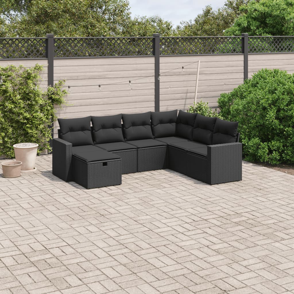 7 pcs conjunto de sofás p/ jardim c/ almofadões vime PE preto