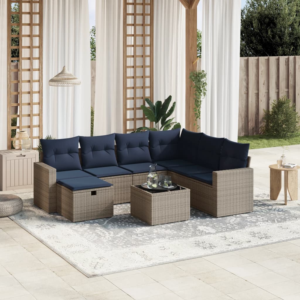 8 pcs conjunto sofás p/ jardim c/ almofadões vime PE cinzento