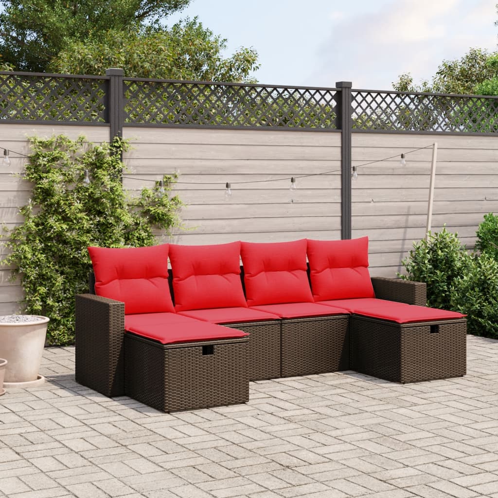 6 pcs conjunto de sofás jardim c/ almofadões vime PE castanho