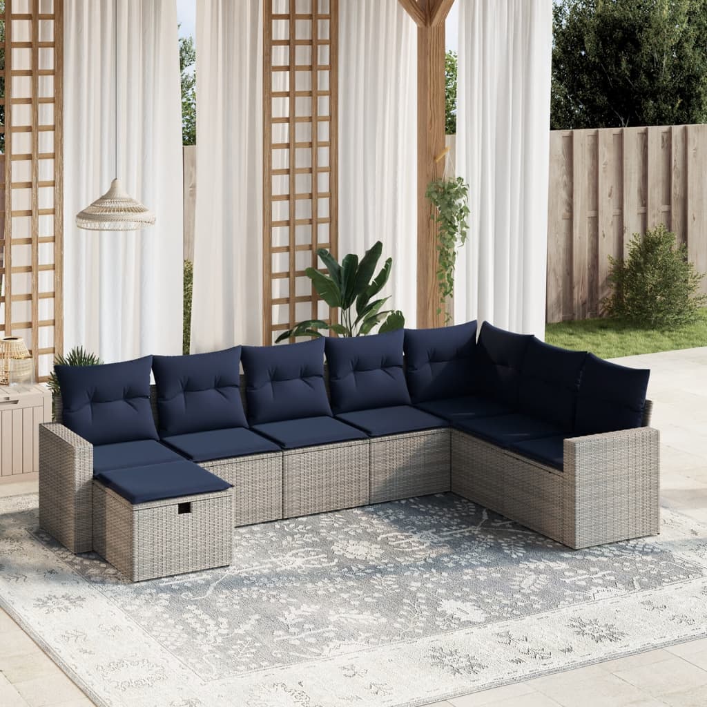 8 pcs conjunto sofás p/ jardim c/ almofadões vime PE cinzento