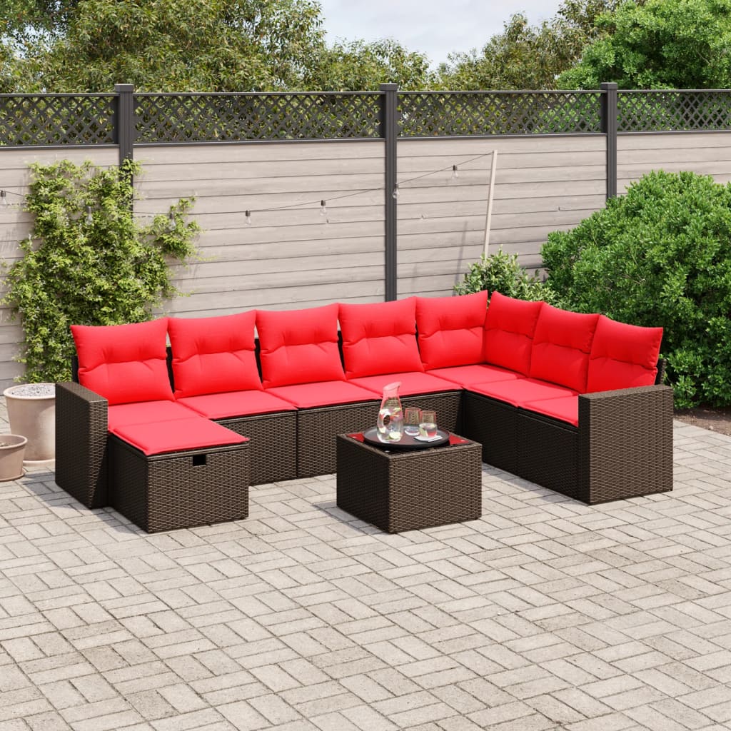 9 pcs conjunto sofás p/ jardim c/ almofadões vime PE castanho