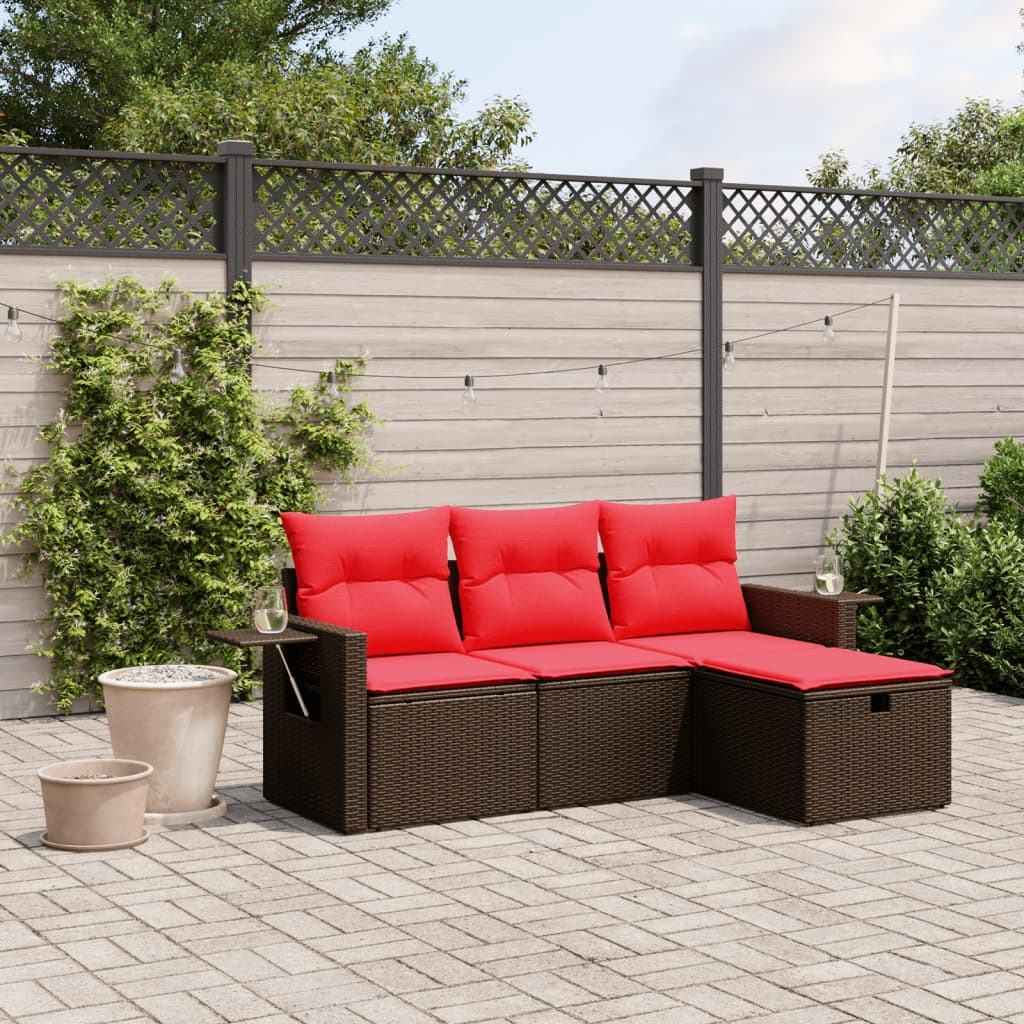 4 pcs conjunto sofás de jardim c/ almofadões vime PE castanho