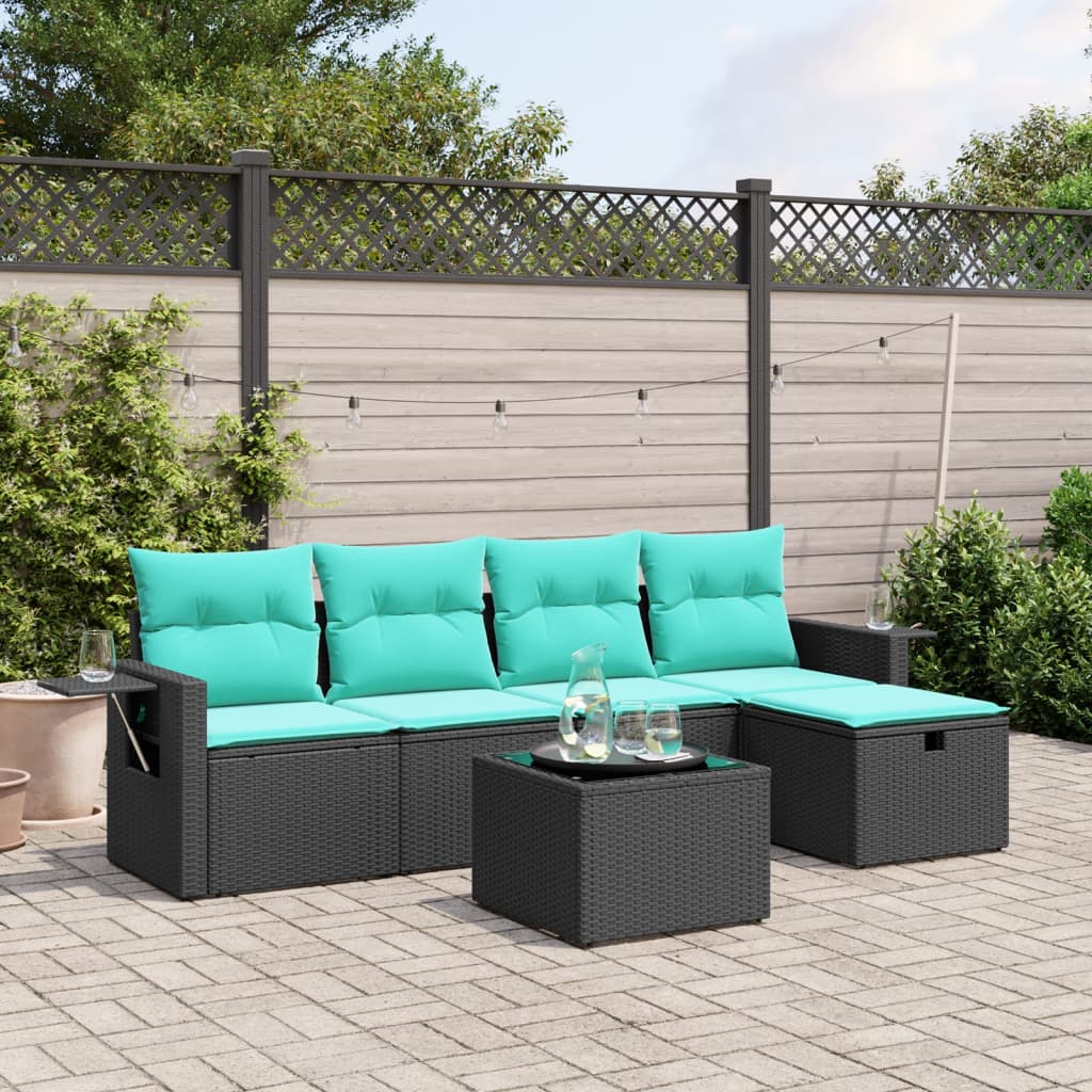 6 pcs conjunto de sofás p/ jardim c/ almofadões vime PE preto