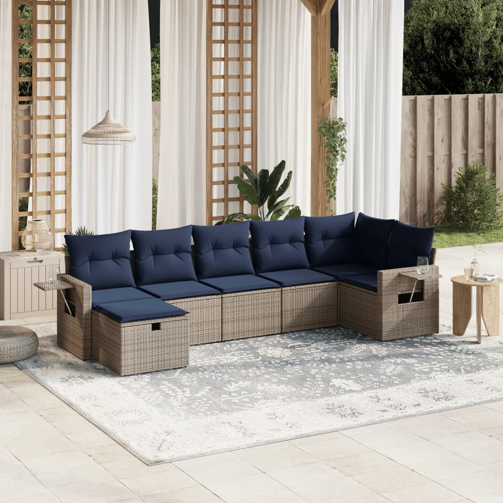 7 pcs conjunto sofás p/ jardim c/ almofadões vime PE cinzento