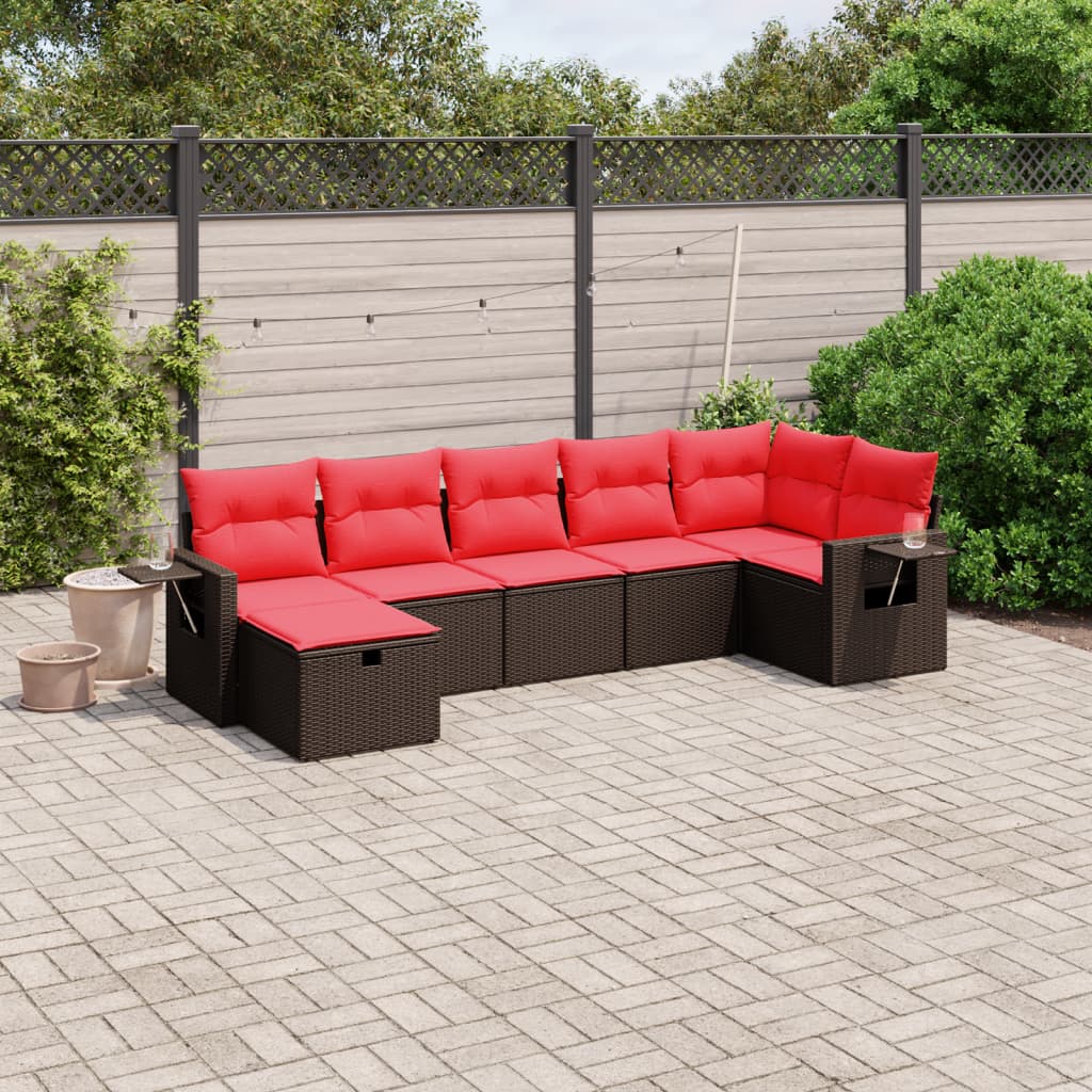 7 pcs conjunto de sofás jardim c/ almofadões vime PE castanho