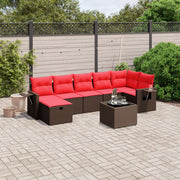 8 pcs conjunto sofás de jardim c/ almofadões vime PE castanho