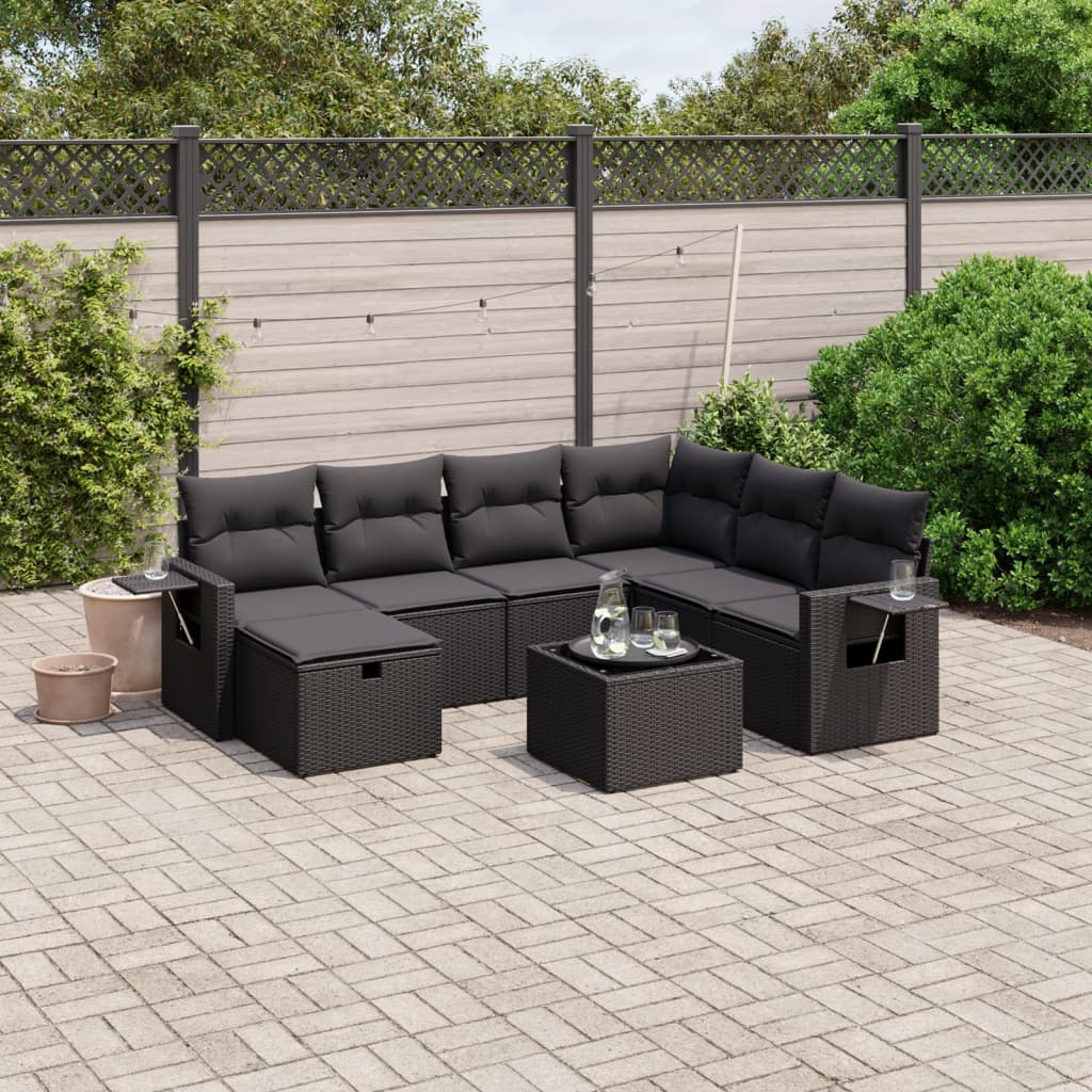 8 pcs conjunto sofás de jardim com almofadões vime PE preto