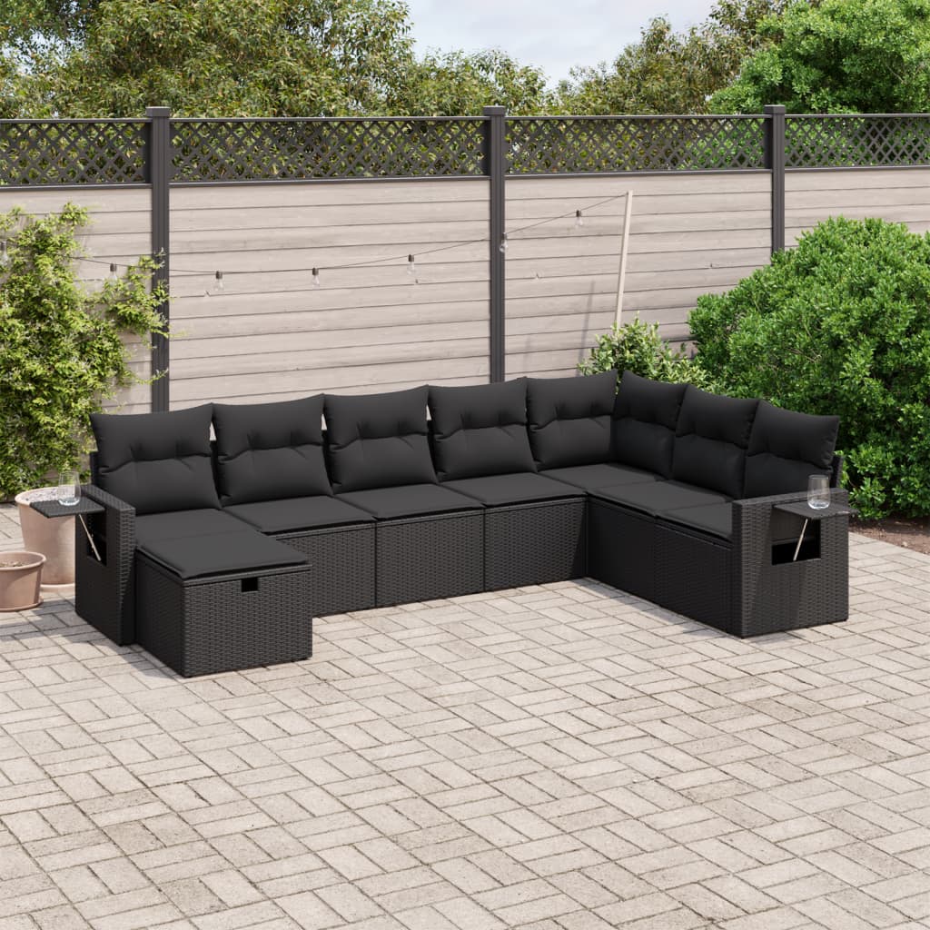 8 pcs conjunto sofás de jardim com almofadões vime PE preto