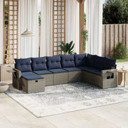 8 pcs conjunto sofás p/ jardim c/ almofadões vime PE cinzento