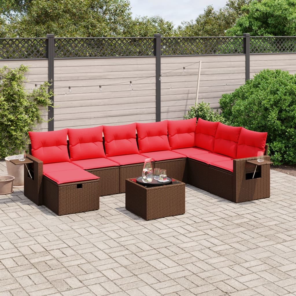 9 pcs conjunto sofás p/ jardim c/ almofadões vime PE castanho