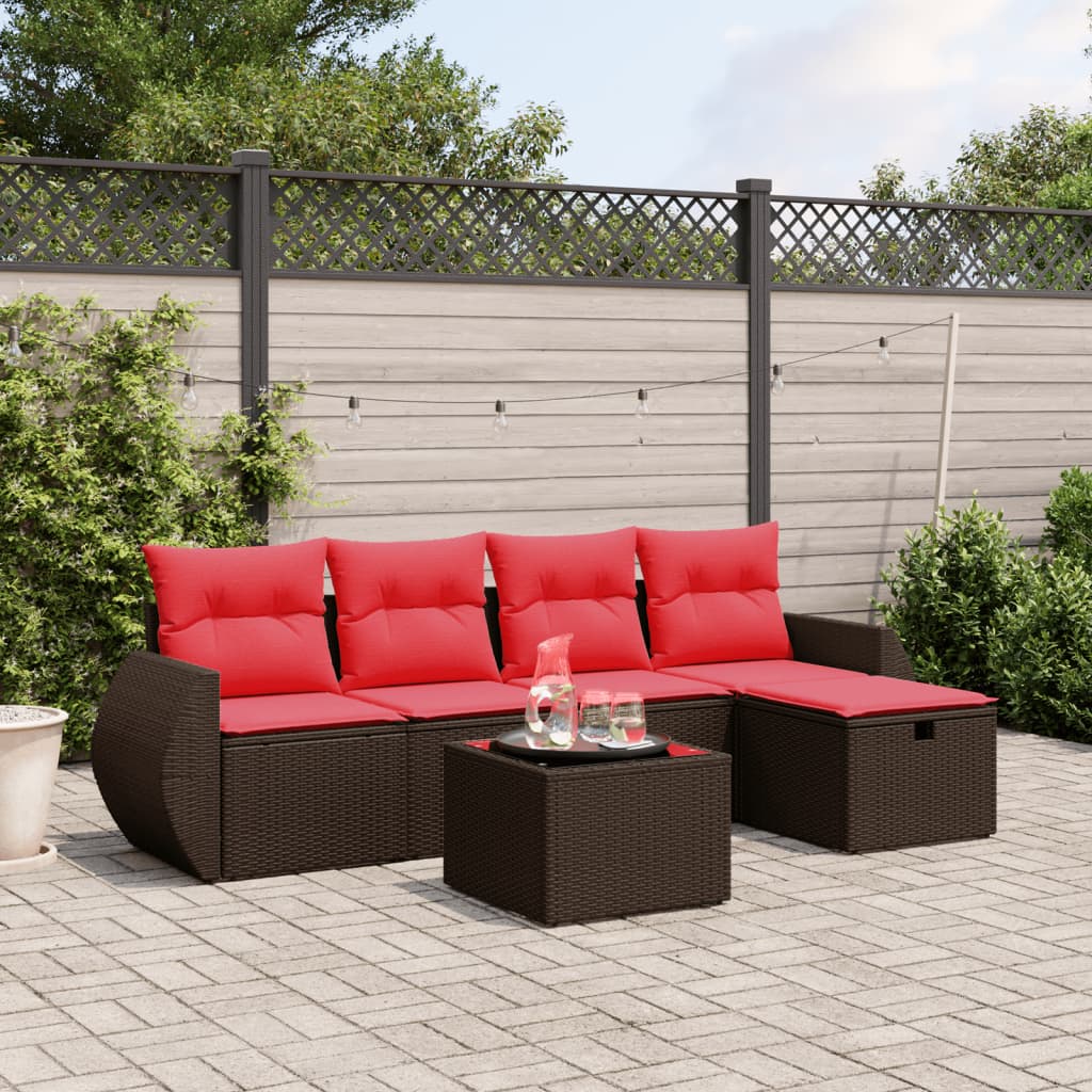 6 pcs conjunto de sofás jardim c/ almofadões vime PE castanho