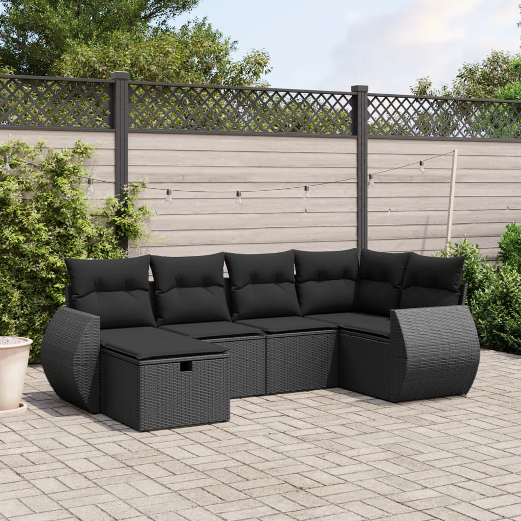 6 pcs conjunto sofás de jardim c/ almofadões vime PE preto