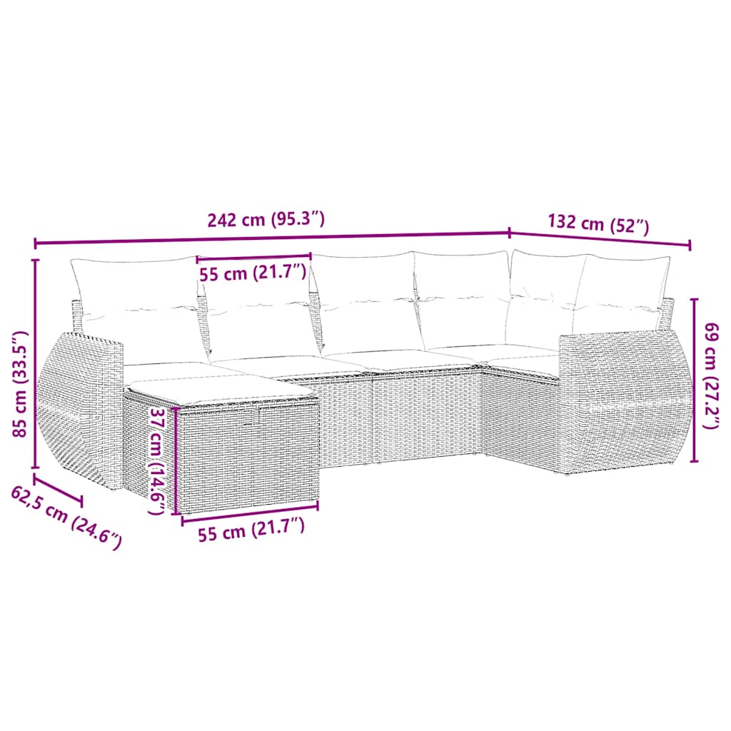6 pcs conj. sofás jardim com almofadões vime PE cinzento-claro