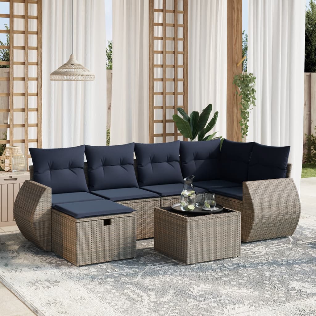 7 pcs conjunto sofás p/ jardim c/ almofadões vime PE cinzento