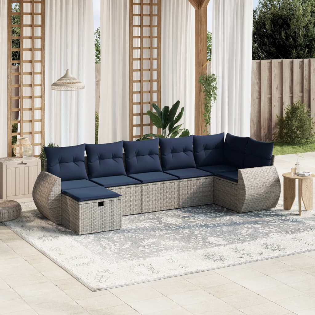 7 pcs conjunto sofás p/ jardim c/ almofadões vime PE cinzento