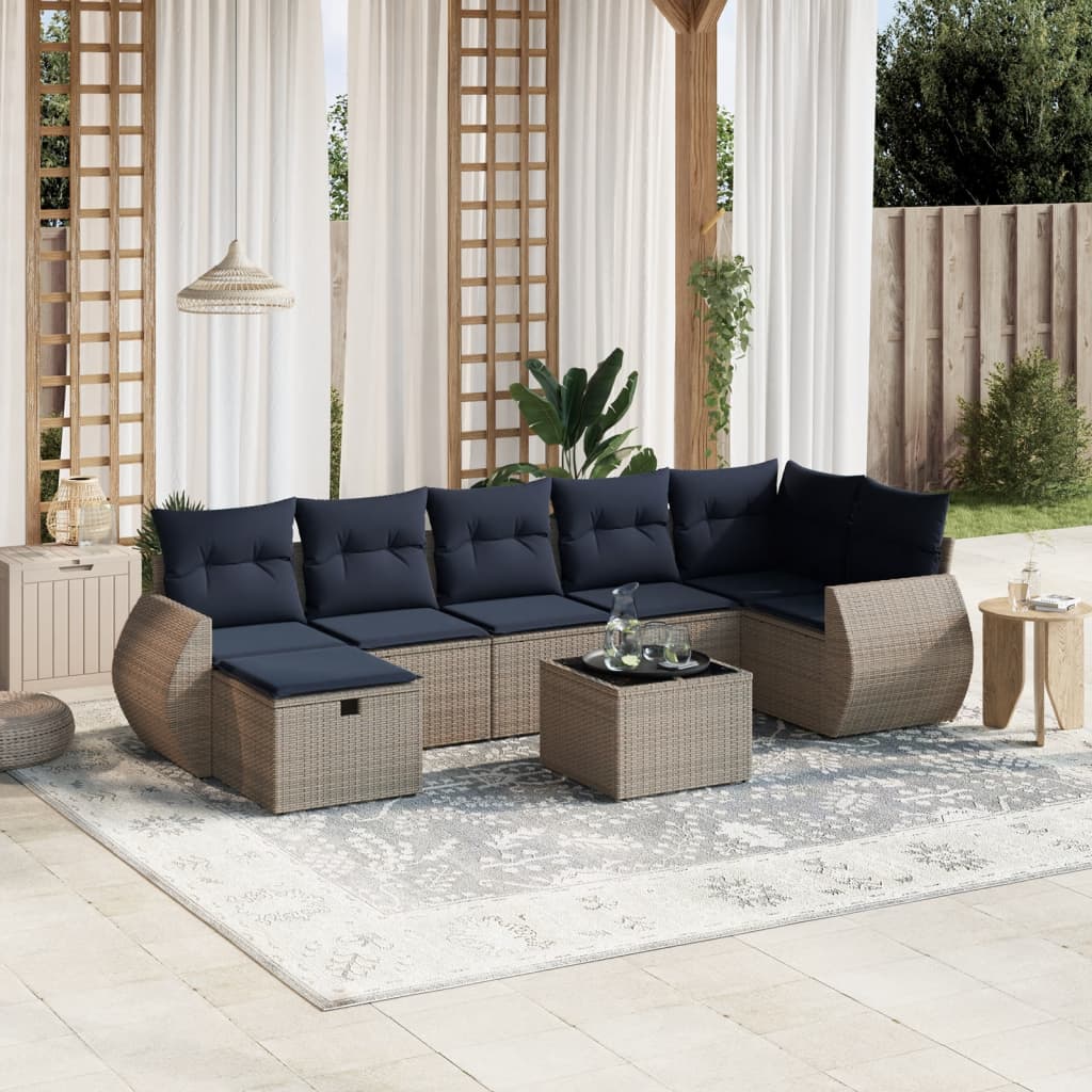 8 pcs conjunto sofás p/ jardim c/ almofadões vime PE cinzento