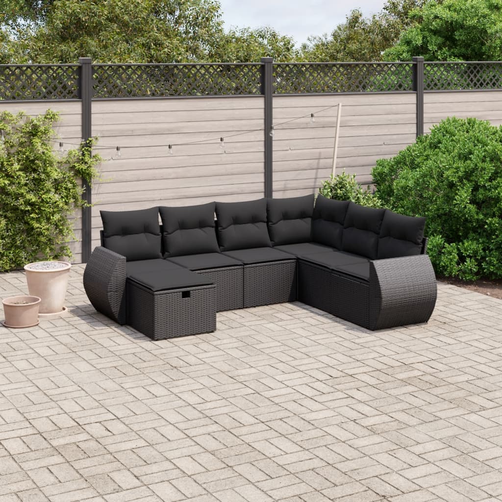 7 pcs conjunto de sofás p/ jardim c/ almofadões vime PE preto