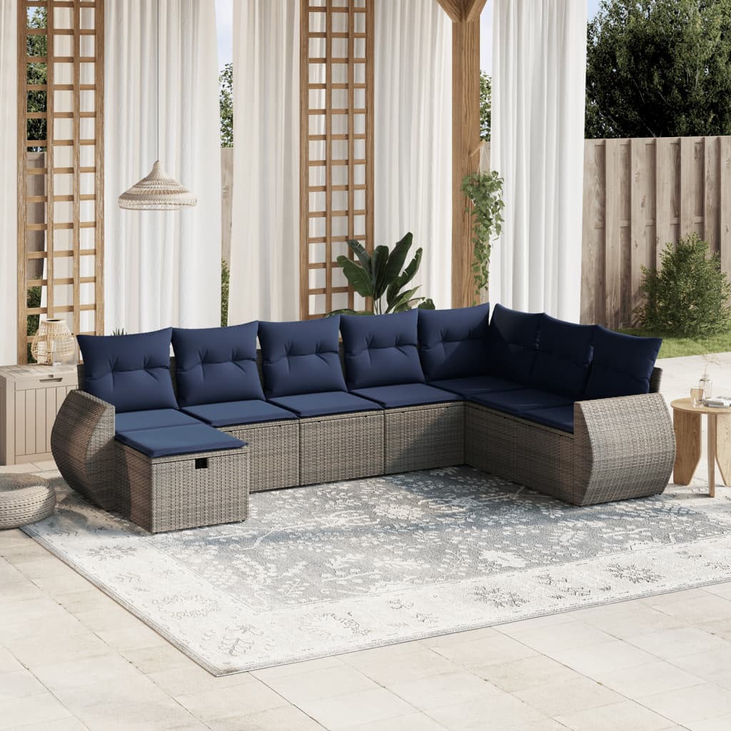 8 pcs conjunto sofás p/ jardim c/ almofadões vime PE cinzento