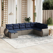 8 pcs conjunto sofás p/ jardim c/ almofadões vime PE cinzento