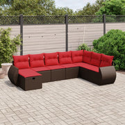 8 pcs conjunto sofás de jardim c/ almofadões vime PE castanho