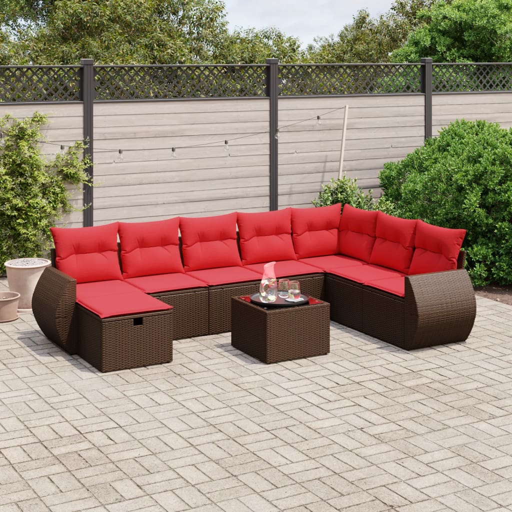 9 pcs conjunto sofás p/ jardim c/ almofadões vime PE castanho