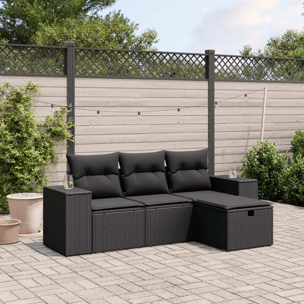 4 pcs conjunto de sofás para jardim c/ almofadões vime PE preto