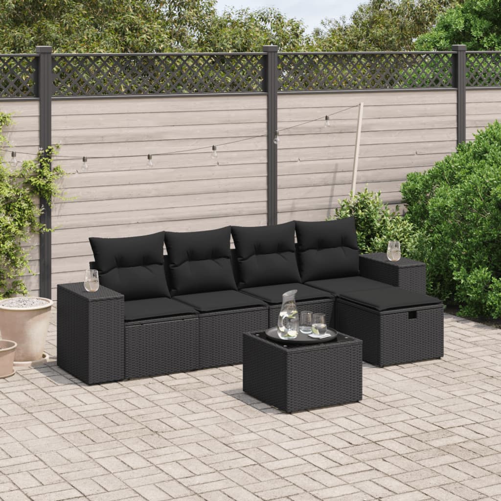 6 pcs conjunto sofás de jardim c/ almofadões vime PE preto