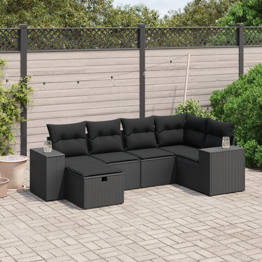 6 pcs conjunto sofás de jardim c/ almofadões vime PE preto