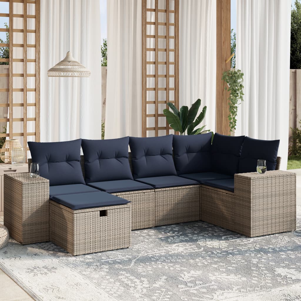 6 pcs conjunto sofás p/ jardim c/ almofadões vime PE cinzento