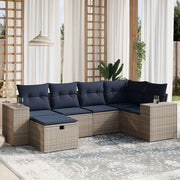 6 pcs conjunto sofás p/ jardim c/ almofadões vime PE cinzento