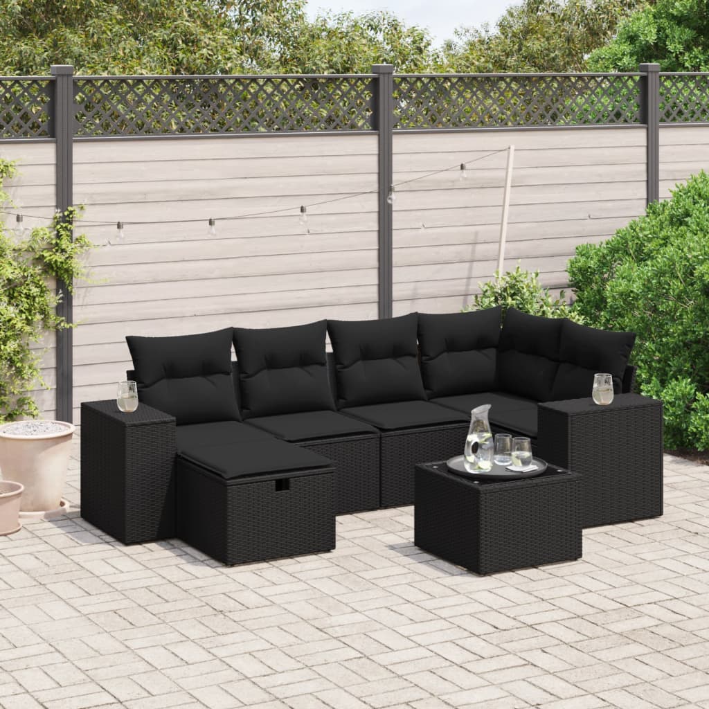 7 pcs conjunto de sofás p/ jardim c/ almofadões vime PE preto