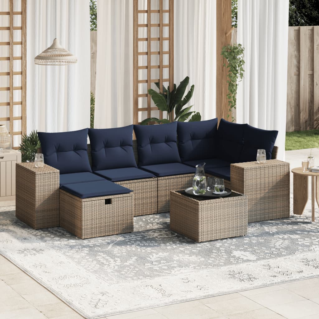 7 pcs conjunto sofás p/ jardim c/ almofadões vime PE cinzento