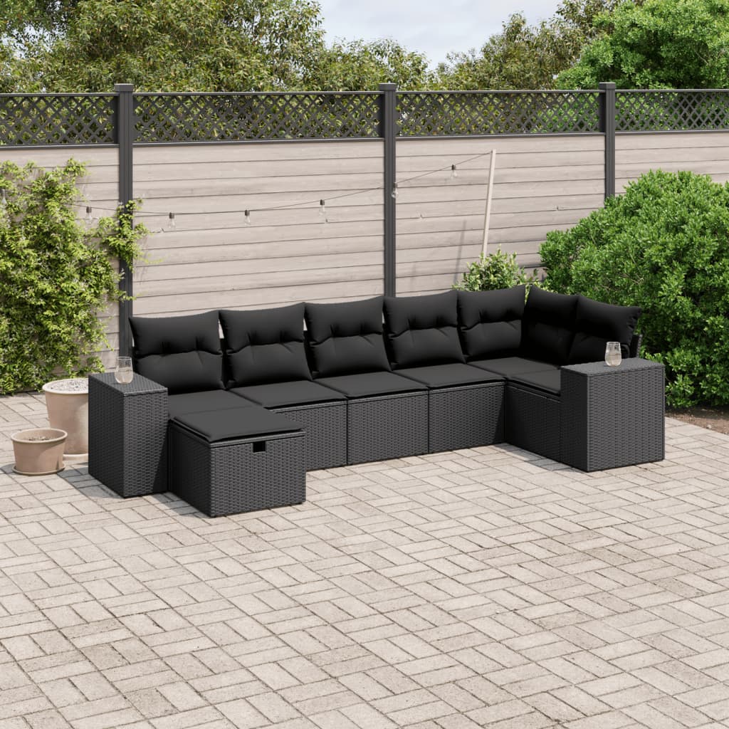 7 pcs conjunto de sofás p/ jardim c/ almofadões vime PE preto