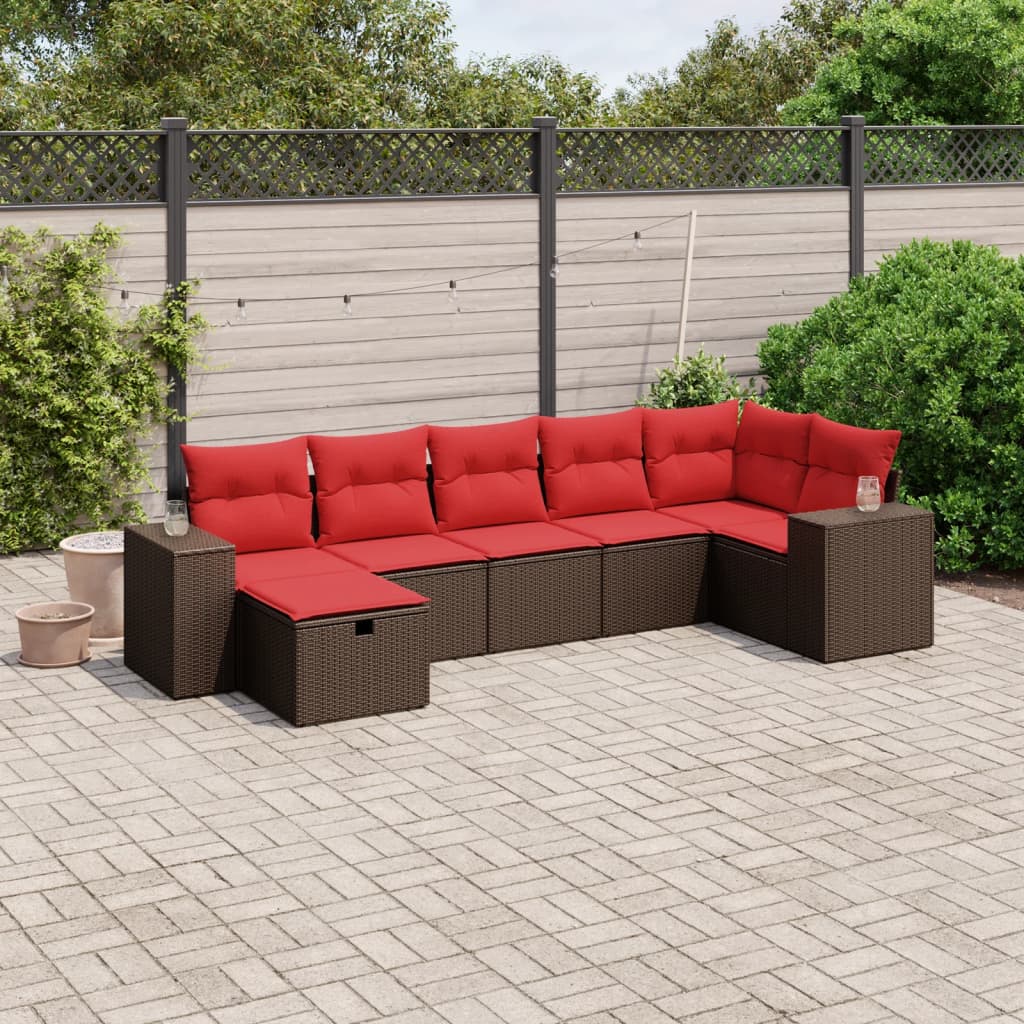 7 pcs conjunto de sofás jardim c/ almofadões vime PE castanho