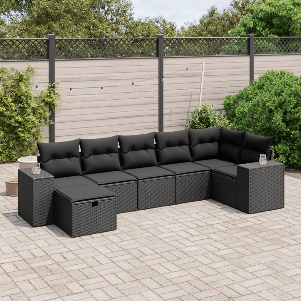 7 pcs conjunto de sofás p/ jardim c/ almofadões vime PE preto