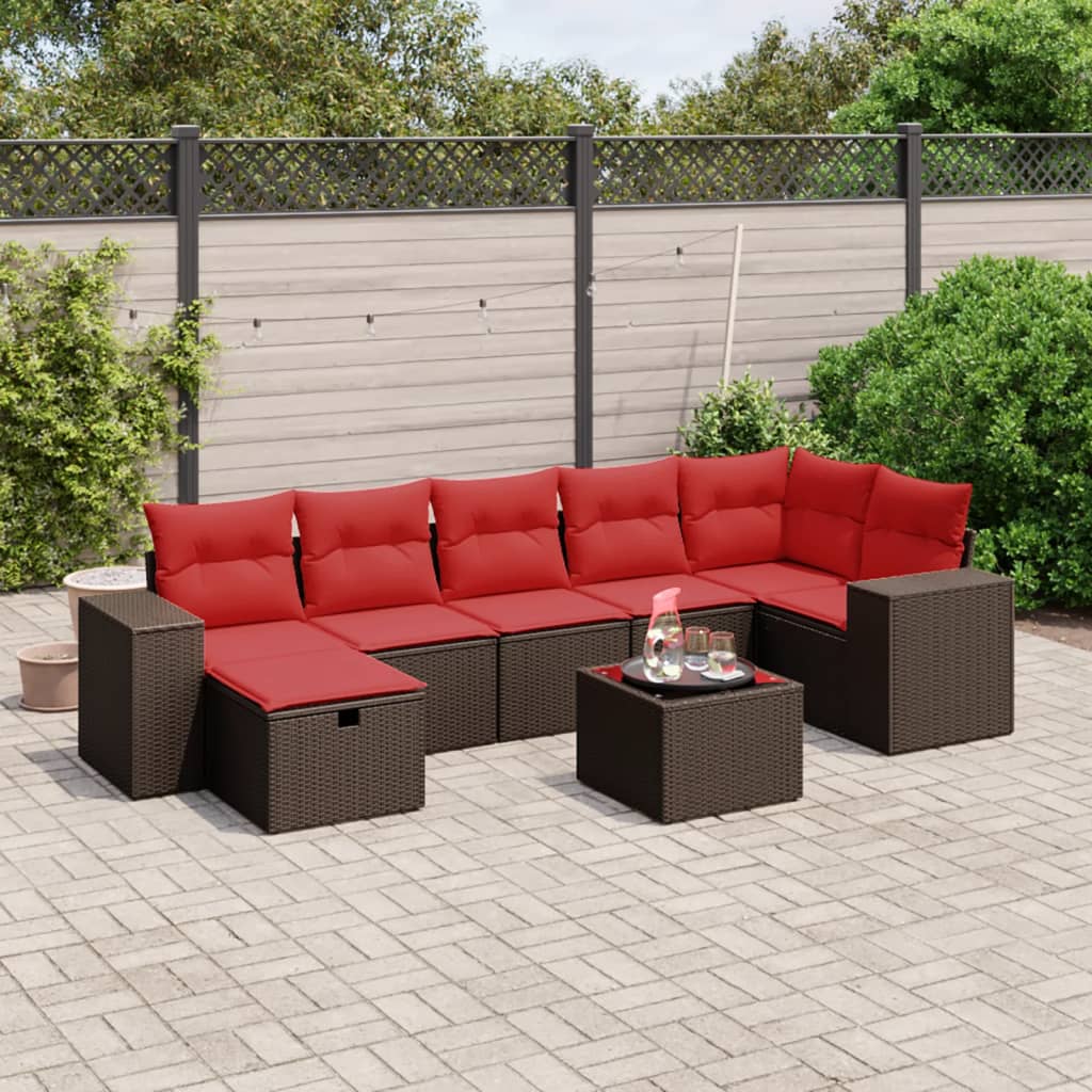 8 pcs conjunto sofás de jardim c/ almofadões vime PE castanho