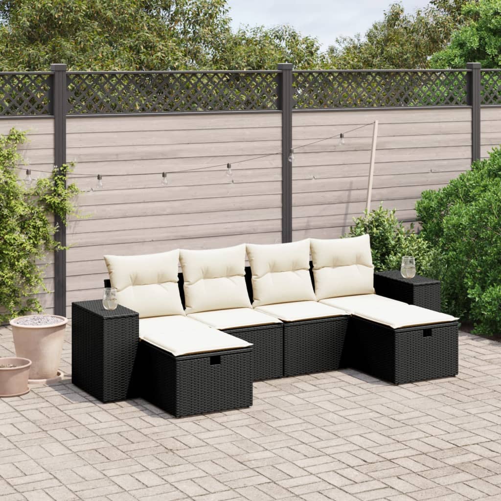 6 pcs conjunto sofás de jardim c/ almofadões vime PE preto
