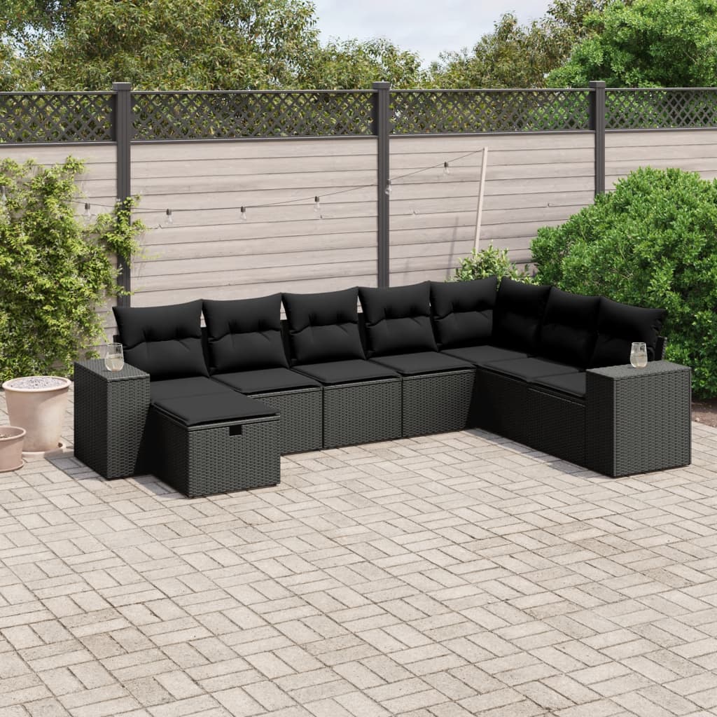 8 pcs conjunto sofás de jardim com almofadões vime PE preto