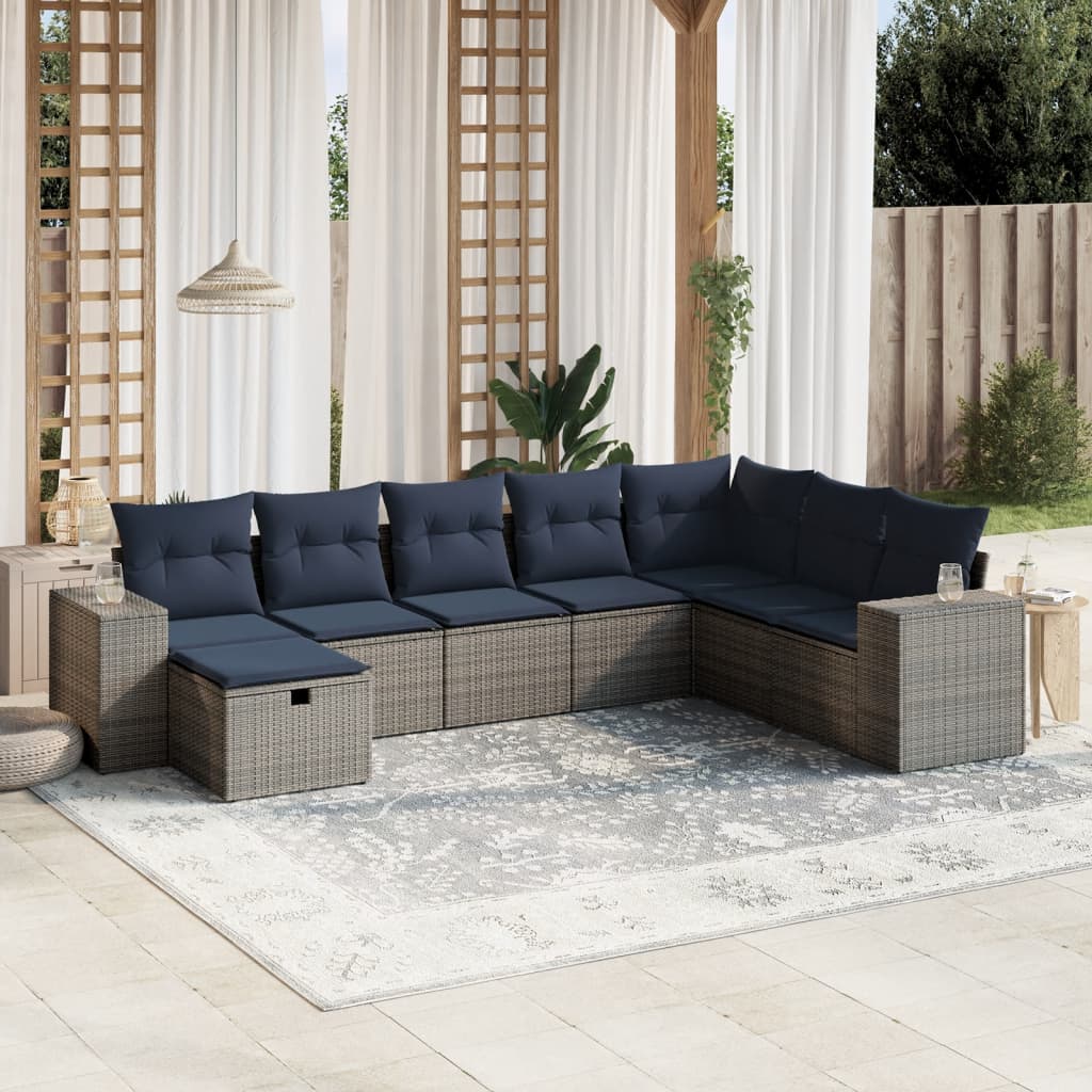 8 pcs conjunto sofás p/ jardim c/ almofadões vime PE cinzento