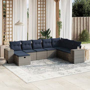 8 pcs conjunto sofás p/ jardim c/ almofadões vime PE cinzento