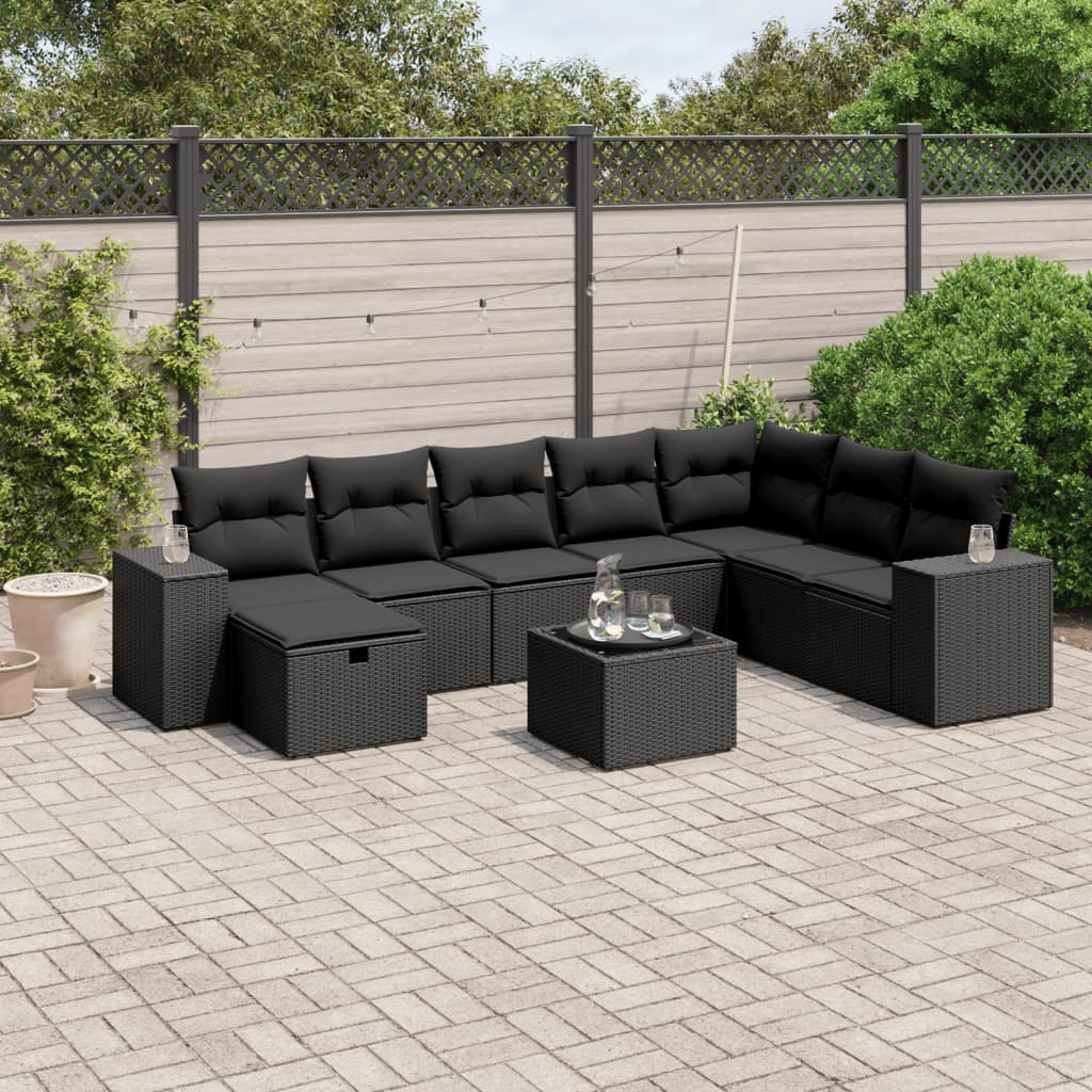 9 pcs conjunto de sofás p/ jardim c/ almofadões vime PE preto
