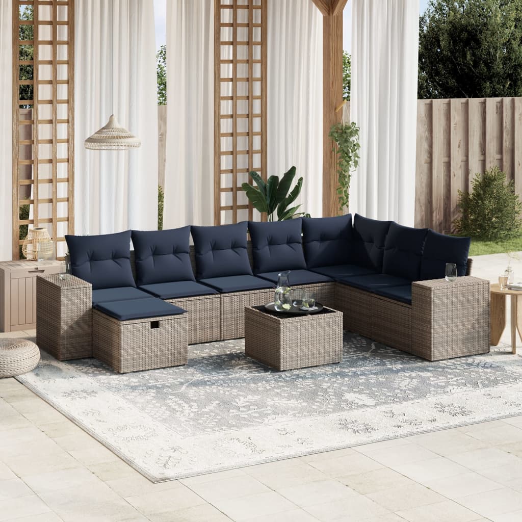 9 pcs conjunto sofás p/ jardim c/ almofadões vime PE cinzento