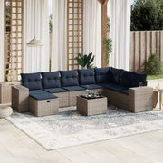 9 pcs conjunto sofás p/ jardim c/ almofadões vime PE cinzento