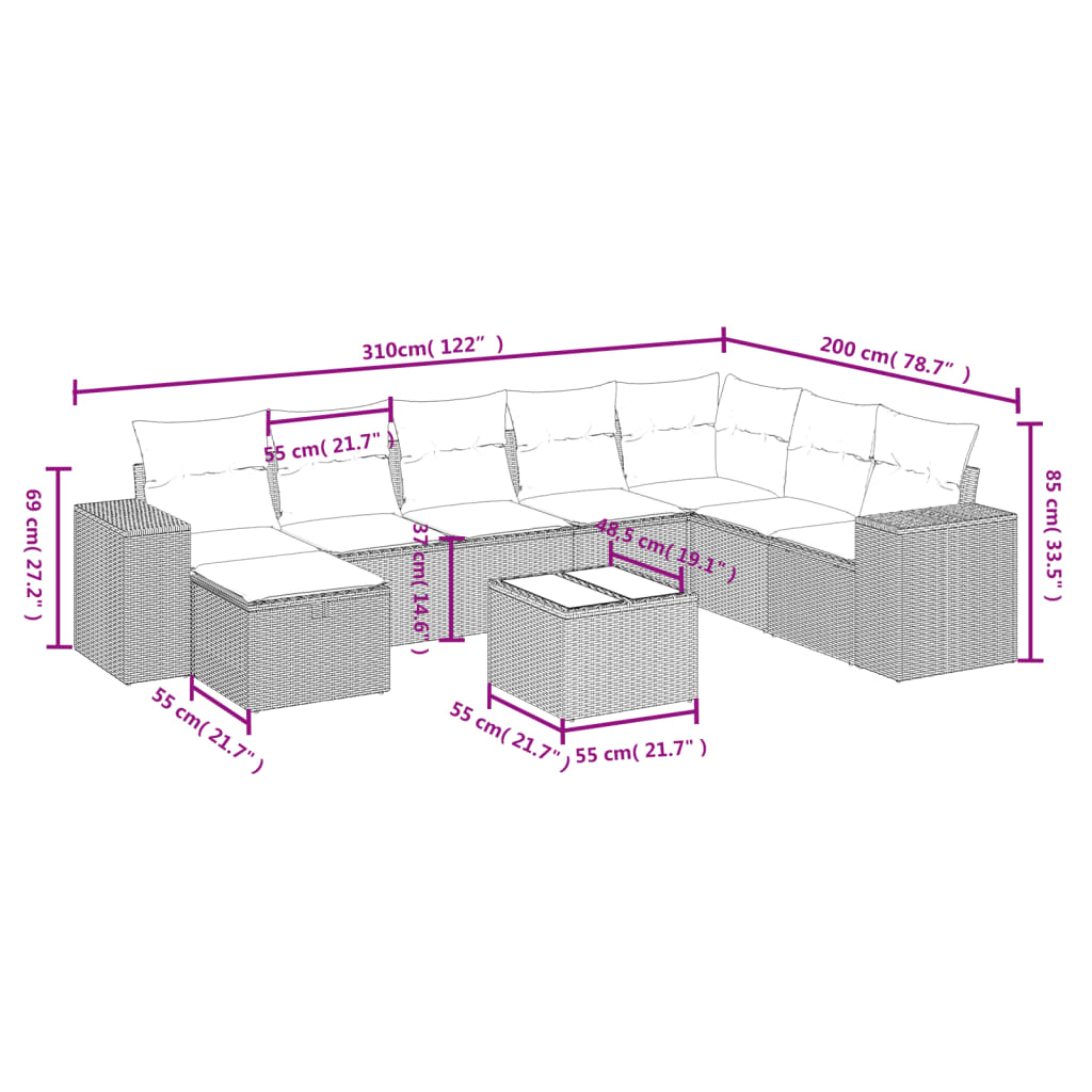 9 pcs conjunto sofás p/ jardim c/ almofadões vime PE castanho