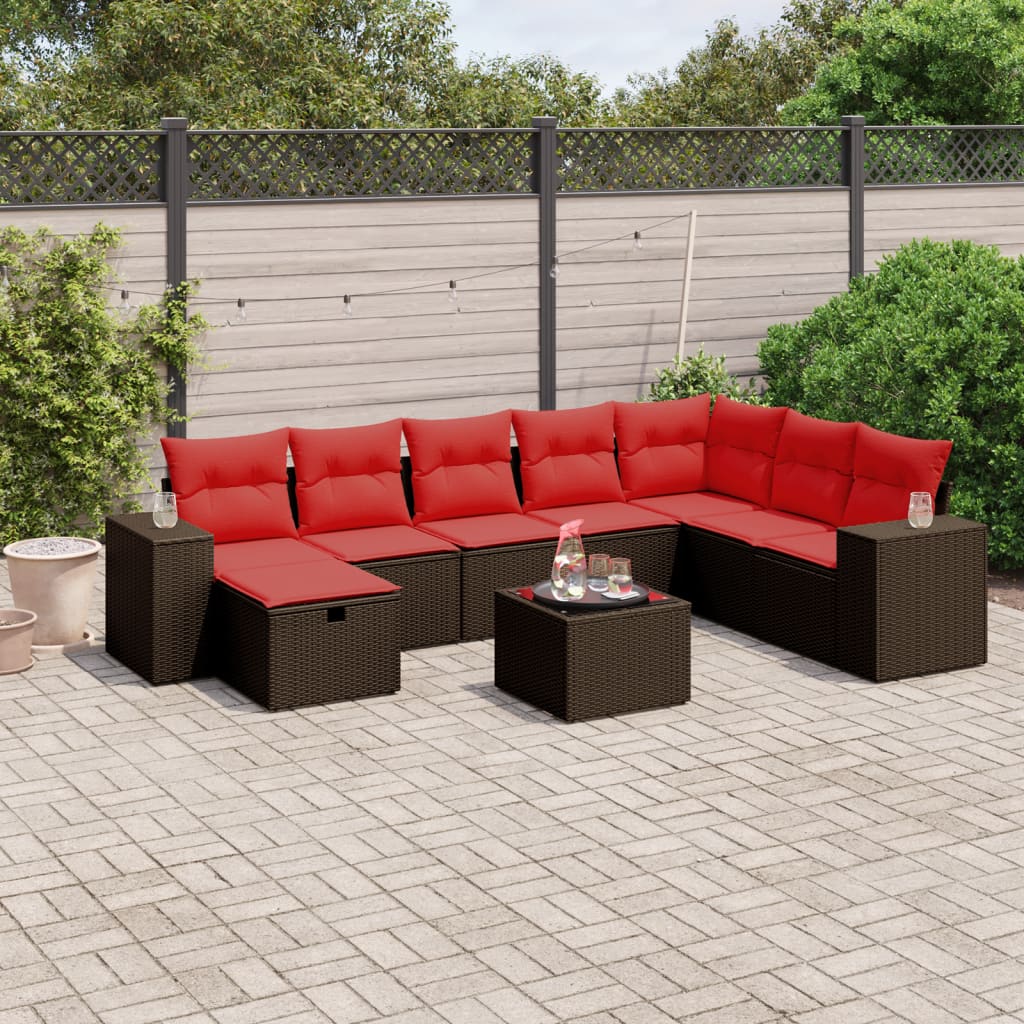 9 pcs conjunto sofás p/ jardim c/ almofadões vime PE castanho