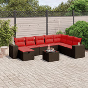 9 pcs conjunto sofás p/ jardim c/ almofadões vime PE castanho